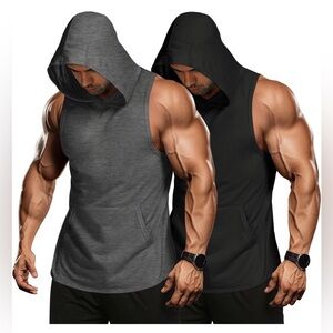 Men's Sleeveless Hoodie - Black Workout Hooded Tank Top Bodybuilding Muscle SzS